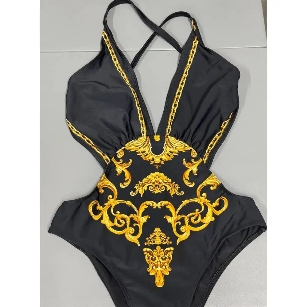 Womens One Piece Cut Out Black And Gold Swimsuit